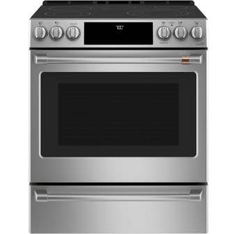 GE Café 30 inch 5.7 cu. ft. Slide-In Convection Front Control Electric Range with Warming Drawer in Stainless Steel CCES700P2MS1