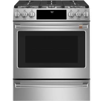GE Café 30 inch 5.6 cu. ft. Slide-In Convection Front Control Gas Range in Stainless Steel CCGS700P2MS1