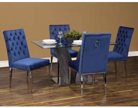 K-Living James 5pc Set Tempered Glass Top And Grey Veneer Leg With Chrome Base Dining Table With Tufted Velvet Chairs In Blue