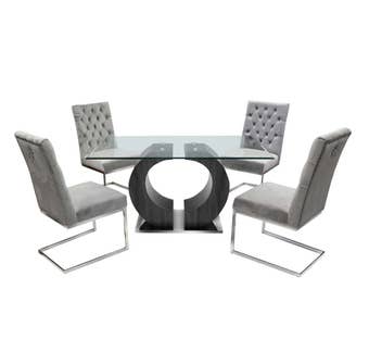 K-Living Kristifer 5pc Set Tempered Glass Top And Grey Veneer Leg With Chrome Base Dining Table With Tufted Velvet Chairs in Grey MEG324-GR