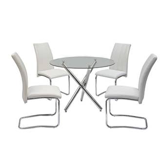 K-Living Noah 5pc Set Round Glass and Chrome Base Dining Table with Black PU SEAT Dining Chairs in White NAPA811-WH