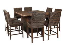 Signature Design by Ashley Paradise Trail 9-PC Square Bar Table Set with Fire Pit in Medium Brown P750-665-130(8)