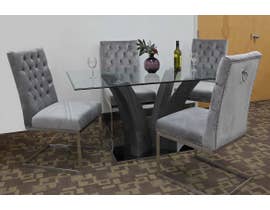 K-Living Thames 5pc Tempered Glass Top And Grey Veneer Leg With Chrome Base Dining Table With Tufted Velvet Chairs in Grey MEG321-GR